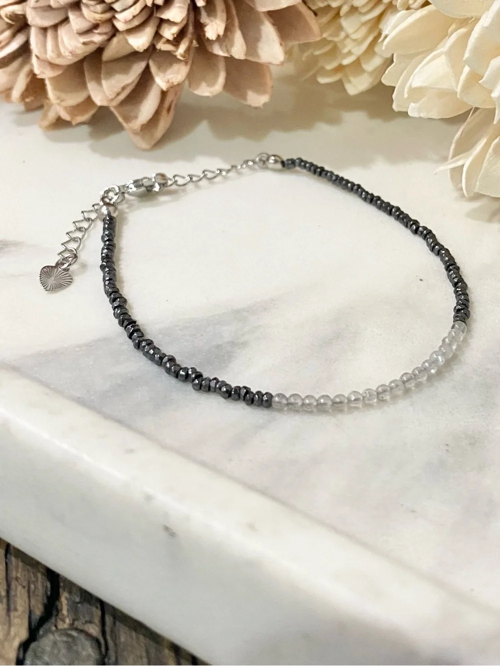 Dainty Chain Bracelet, Tiny Hematite & Labradorite beads, 18k Gold Filled Chain